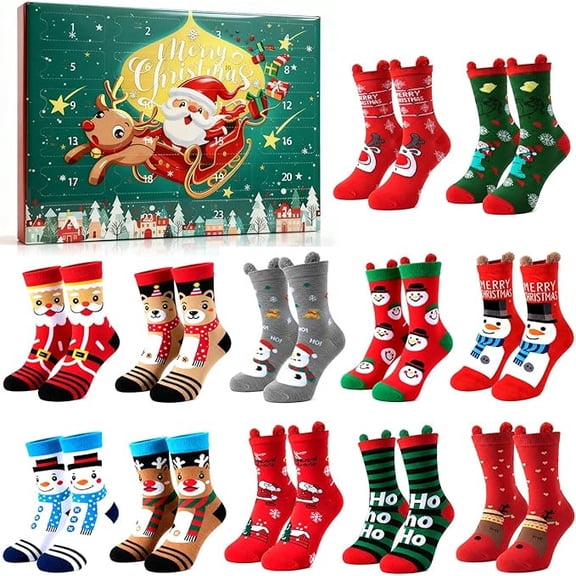 Cheapark 2025 Christmas Countdown Advent Calendar - 12-Pair Festive Long Cotton Socks, 24-Day Cozy Gift Set with Holiday Prints for Winter Warmth & Christmas Gifting