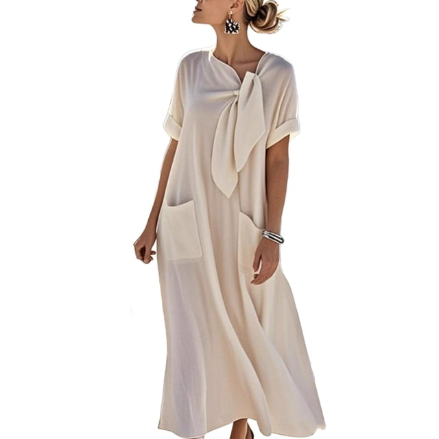 Daiosportswear Robe Élégante à Manches Mi-Longues et Col en V Plissée Style Bohème pour Femmes, Robe à Manches Courtes Beige TTG(TTG)