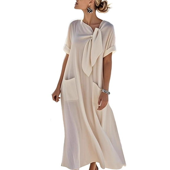 VEKDONE Women's Bow Collar Maxi Dress Short Sleeve Solid Color Long Dresses with Pockets Casual Flowy A Line Dress Vacation Beach Dress Beige XXL
