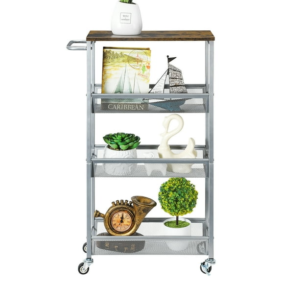 4-Tier Slim Cart with Wooden Top and Metal Handle, Kitchen Slim Storage Cart for Kitchen, Bathroom, Silver