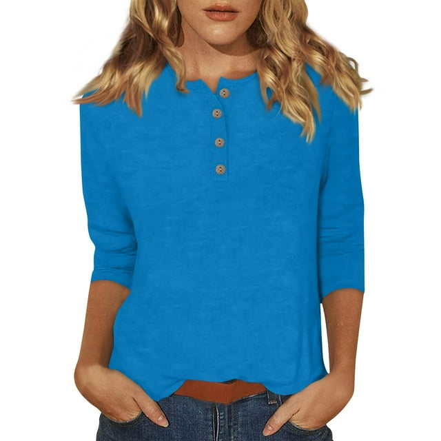DENGDENG Womens 3/4 Sleeve Tops T Shirts Summer Button Down T Shirts Casual Elbow Round Neck Shirts Business Three Quarter Length Blouse Solid Color Work Pullover Blue XL