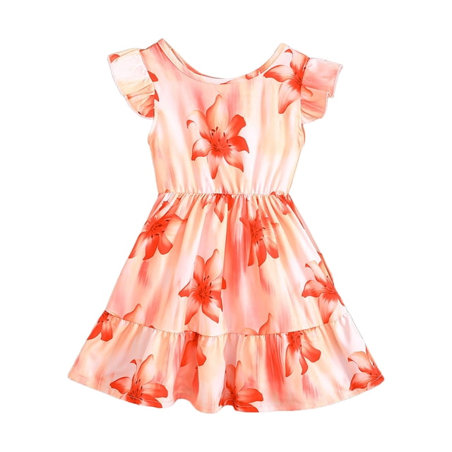vigerkar Robe Midi à Manches Volantées à Fleurs pour Fille, Robe de Printemps pour Enfants, Robe d'Été Évasée Smockée 4-7 T (Orange, 4-5 Ans)