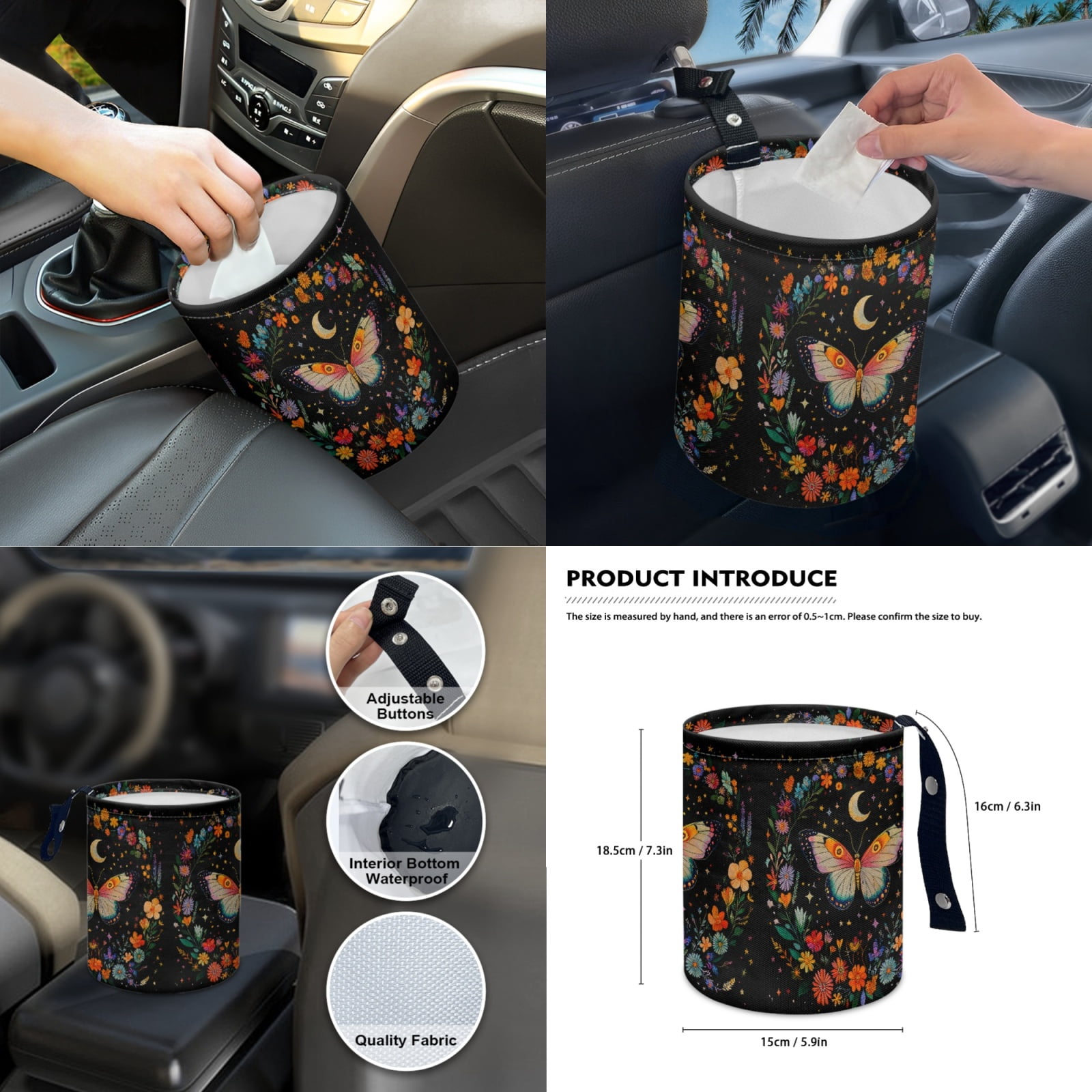 Jeiento Butterfly Car Accessories Sets 14pcs Car Seat Cover Protector Steering Wheel Cover Seatbelt Pads Auto Armrest Cover Trash Bin Rearview Mirror Cover Handbrake Cover Set Coasters Flowers