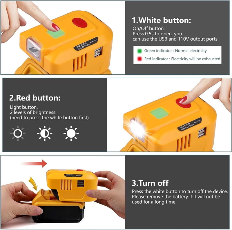 150W Power Supply Inverter for Dewalt 20V Battery, TEPULAS 120V Battery Adapter USB Phone Charger Generator for Dewalt 20V with AC Outlet & LED Light (Inverter Only)