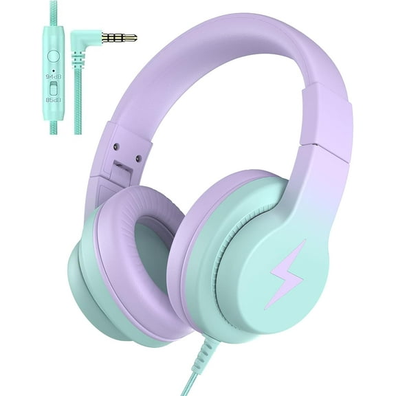 Kids Headphones, Wired Headphones for Kids Over Ear with Microphone, 85/94dB Volume Limiter Headphone for Girls Boys, Foldable Headphone for Learning & Entertainment,Gradient Purple