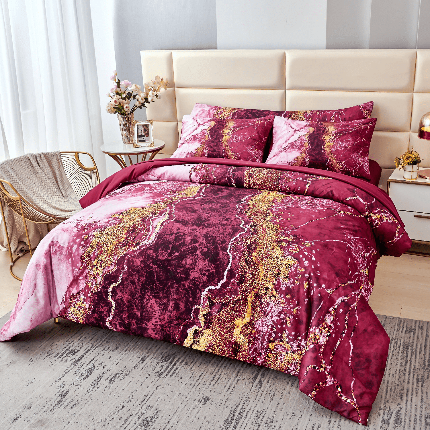 PERFEMET Burgundy Full Size Comforter Set for Women Men 6-Piece Marble Bed in a Bag Bedding Comforter Set for All Season