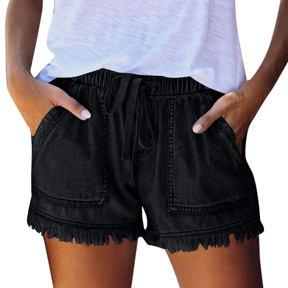 Nestiefly Denim Shorts Women Drawstring Elastic Waist Jean Shorts with Pockets No Stretch Comfy Baggy Frayed Womens Bottoms Black XS
