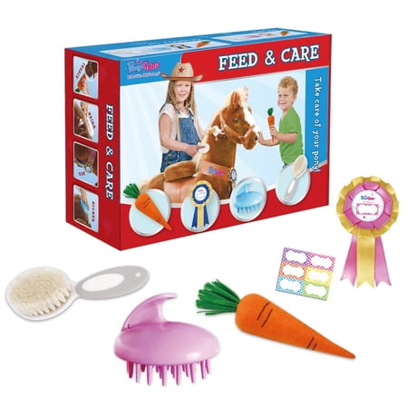 PonyCycle Unicorn Horse Toys Grooming Kit, Feed & Care, 5 Piece Assortment. Groming Brush, Pet Brush, Carrot, Sticker, Name Tag Perfect Pony Toys Gifts for Kids Pink