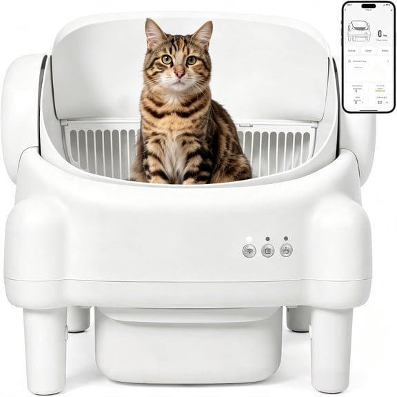 Self Cleaning Litter Box, 95 L Automatic Cat Litter Box Self Cleaning for Multiple Cats, with Safety Protection, App Control,1 Roll Garbage Bags,White & Grey