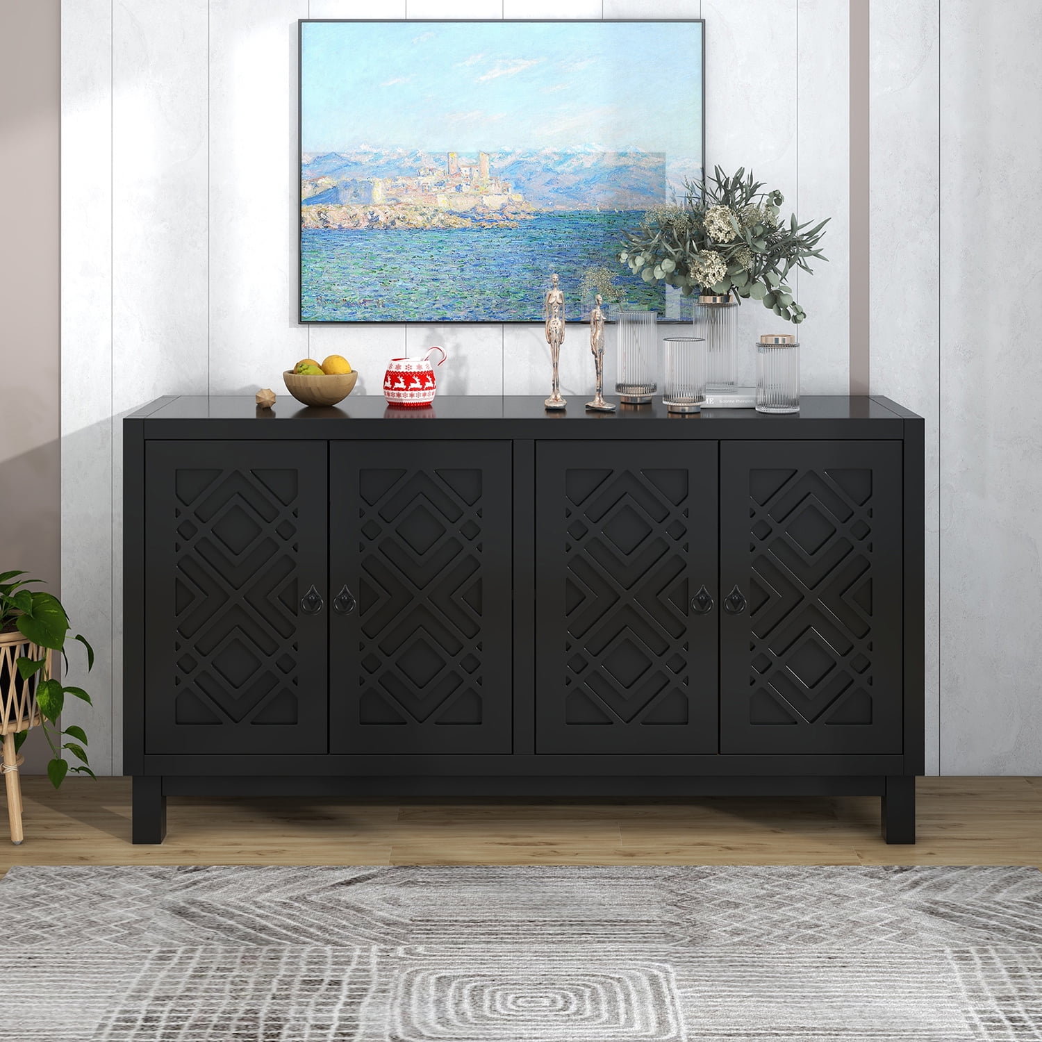 Kadyn Storage Sideboard Buffet Cabinet, 4 Door Sideboard with Pull Ring Handles, Kitchen Storage Cabinet for Living Room, Black Kadyn Storage Sideboard Buffet Cabinet, 4 Door Sideboard with Pull Ring Handles, Kitchen Storage Cabinet for Living Room, Black