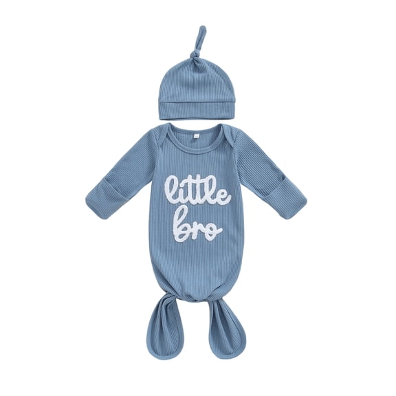 BemeyourBBs Newborn Baby Boy Little Bro Outfit Waffle Knit Baby Sleepsacks Sleep Bag Knotted Gown and Hat Set Stripe Letter Embroidery Long Sleeve Sleepwear