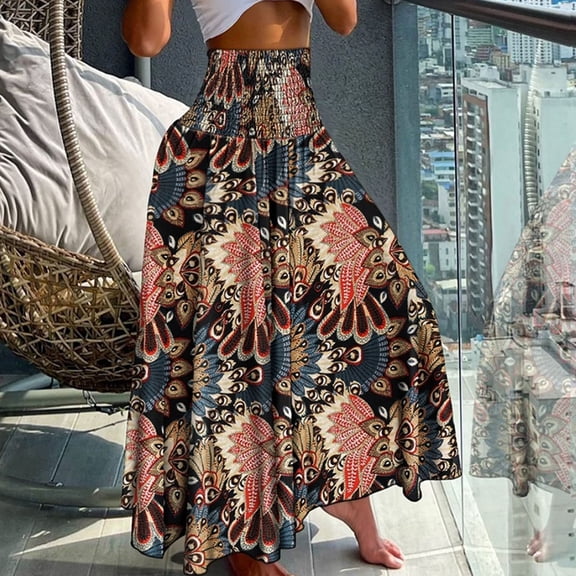 FAOWME Women's Skirt Elastic Waist Floral Printed Pleated Ethnic Style Comfortable Fashion Flowy Bohemian Skirts For Casual Daily Wear,Black,L