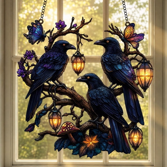 Acrylic Raven Suncatcher, Gothic Crow Window Decor, Mystic Bird Art
