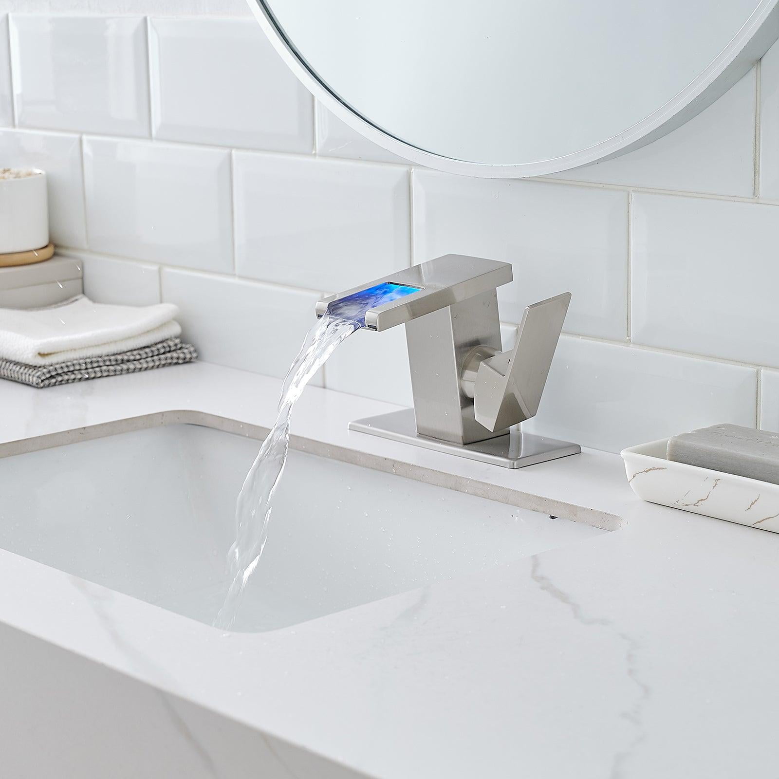 ANGELES HOME LED Light Bathroom Faucet Waterfall Single Handle One Hole Faucet for Bathroom Sink Mount Vanity Faucet