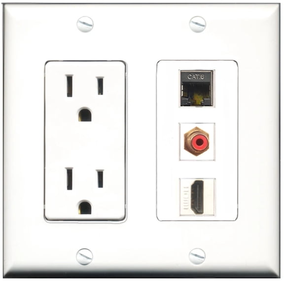 Ultra Spec Cables 15 Amp Power Outlet 1 Port HDMI 1 Port RCA Red 1 Port Shielded Cat6 Wall Plate