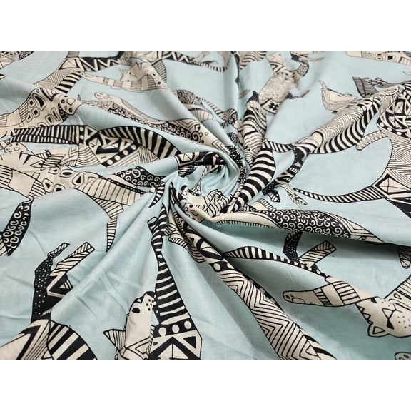 Indian Cotton Fabric By Yard Boho Cat Print Women Dressmaking Fabric Natural Running Fabric