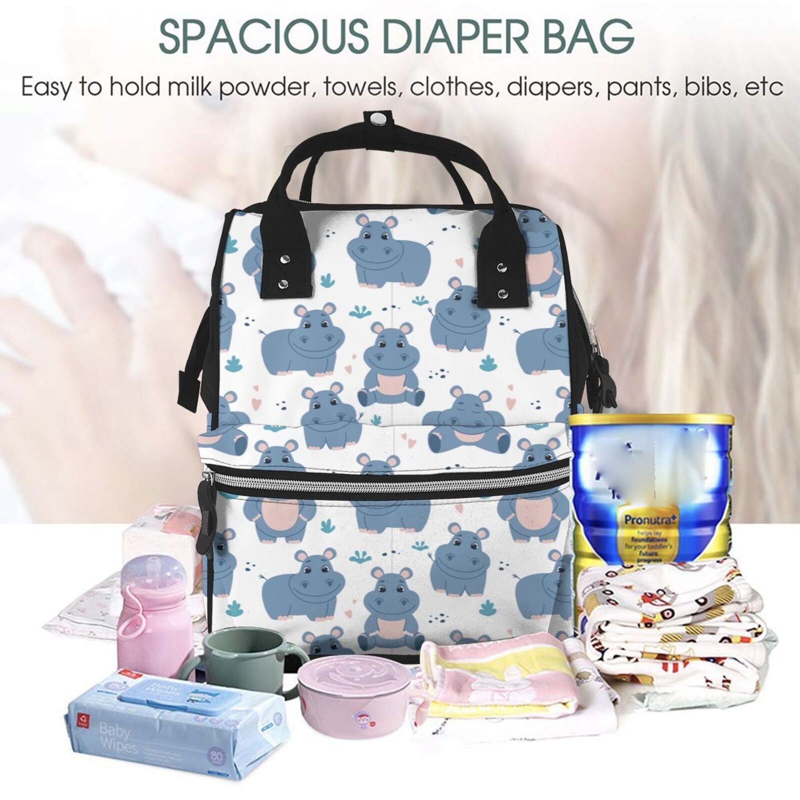 Ratiio Cute Hippos Mummy Backpack - Waterproof Twill Canvas, Large Capacity Diaper Bag with Multiple Pockets and Adjustable Straps