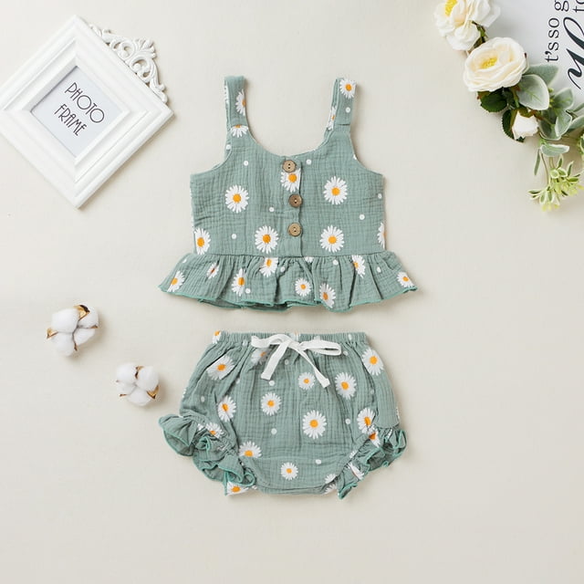 goowrom Girl?s Daisy Flower Printed Clothes Suit, Sleeveless Ruffled Hem Tank Tops with Triangle Shorts