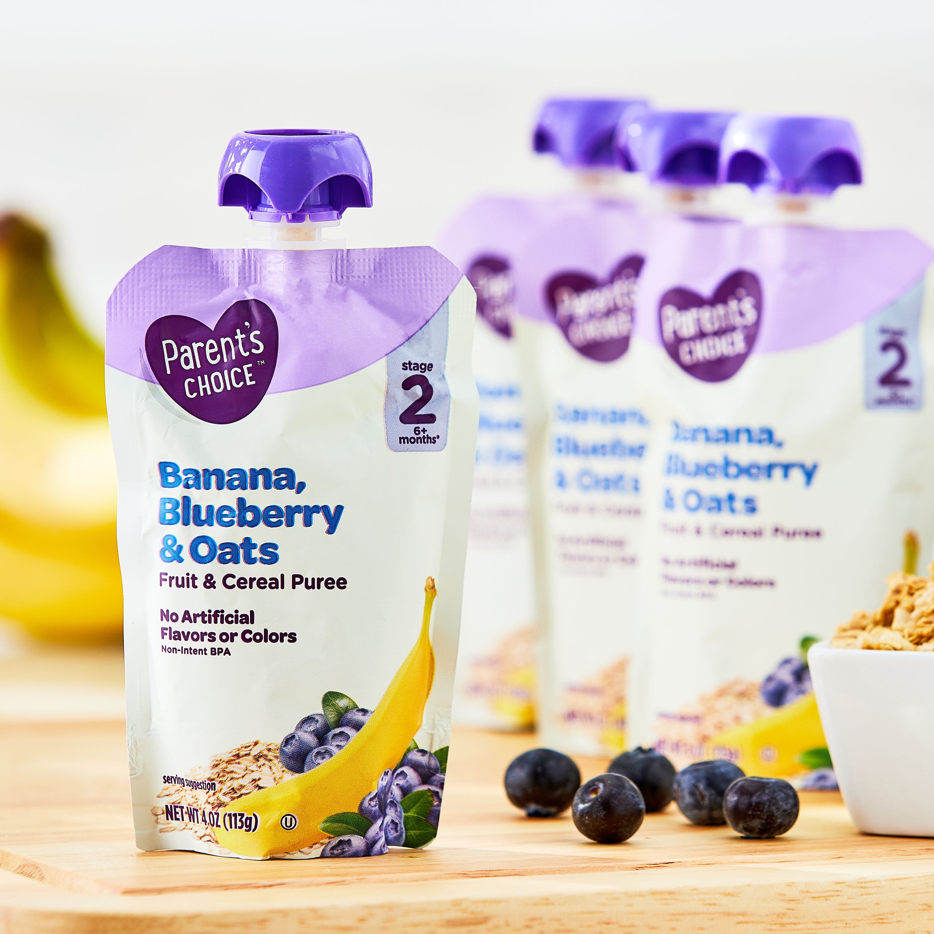 Parent's Choice Stage 2 Baby Food Banana Blueberry Oats Fruit and Cereal Puree, 4 oz Pouch, 4 Pack