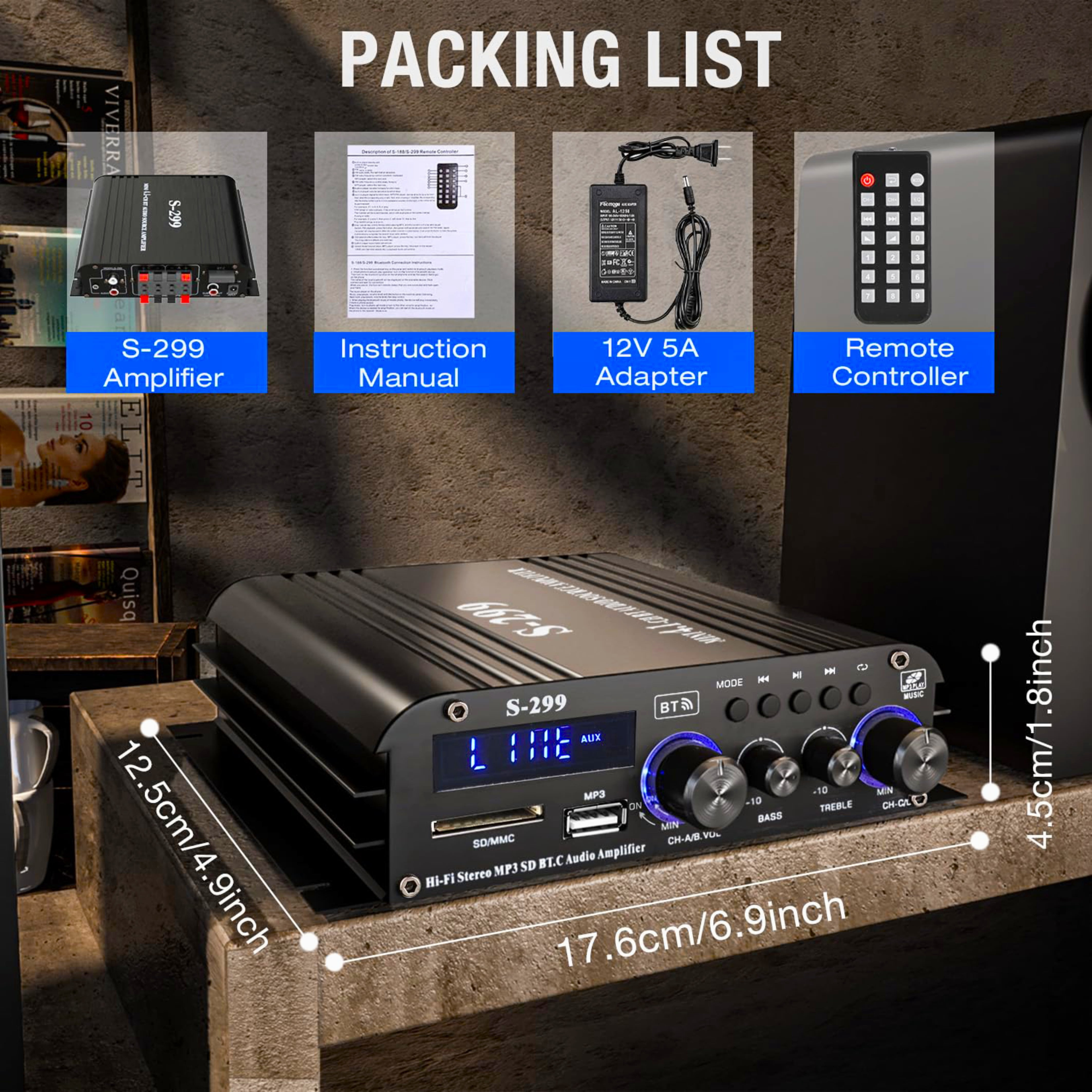 Blitzmax 800W Bluetooth Audio Power Amplifier, 4.1 Channel Support 2 Pairs Speakers 1 Subwoofer, Wireless HiFi Stereo Amplifier for Home & Car
