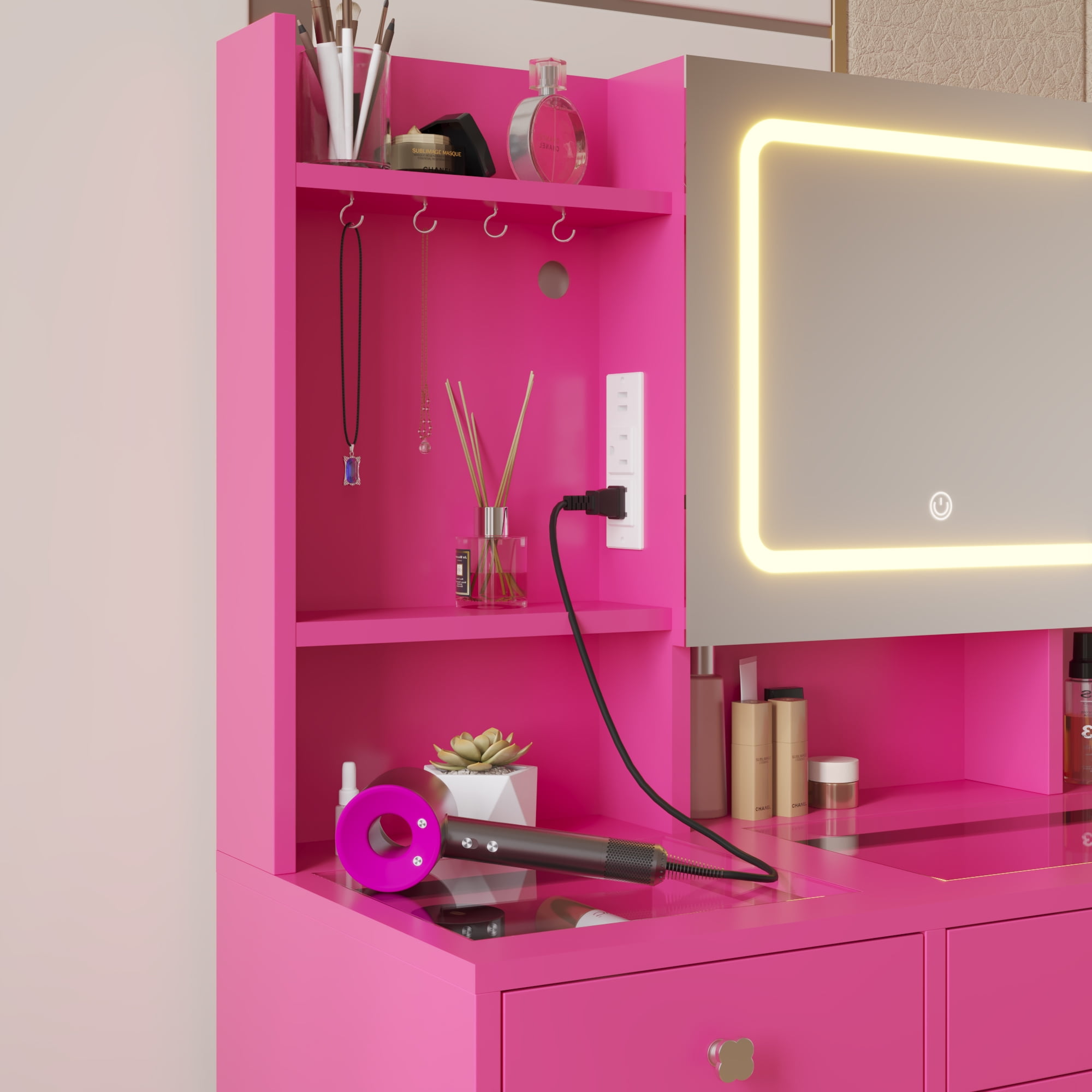 Ktaxon Large 47.2" Makeup Vanity with 3 Color Lights, Dressing Table with USB Charging Station, Pink