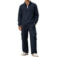 thumbnail image 3 of MLQIDK Men's Track Suits Big and Tall Workout Gym Sport Fleece Zip up Hoodie and Cargo Sweatpants Jogging Sweat Suits Tracksuits Athletic Lounge Outfit 2 Piece Set Winter Suit Sets Navy L, 3 of 10