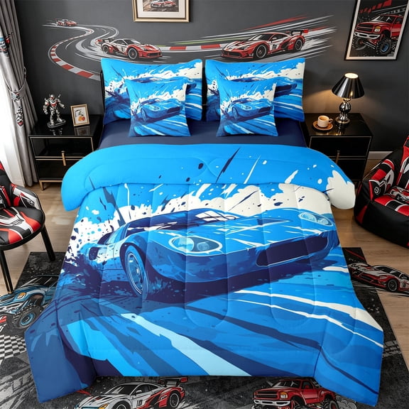 Castle Fairy Racing Style Blue Sports Car Twin Bedding Sets 7-Piece for Boys, Dynamic Splash Art Bedding Comforter Set for Bedroom, Vibrant Blue,Navy Blue Reversible
