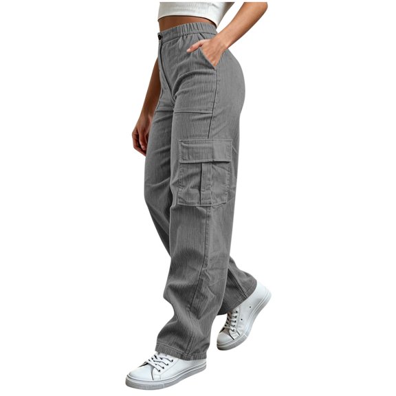 Gytharion Women's Cargo Pants Corduroy Button Front Utility Trousers Wide Leg Elastic Waist Work Pants with Pockets for Fall Winter