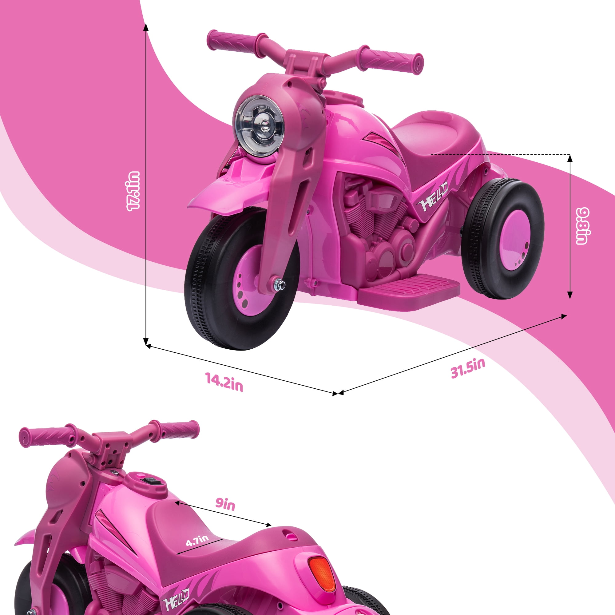 Qaba Ride on Motorcycle, 6V Ride on Bubble Car, 3 Wheeled 2 MPH Electric Motorcycle for Kids w/ LED Headlight, Music, Forward & Reserve, Pink