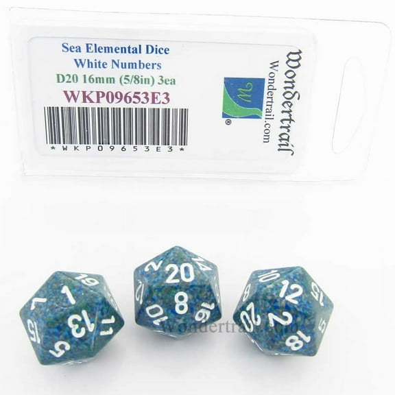 Sea Elemental Dice with White Numbers D20 16mm (5/8in) Pack of 3 Wondertrail