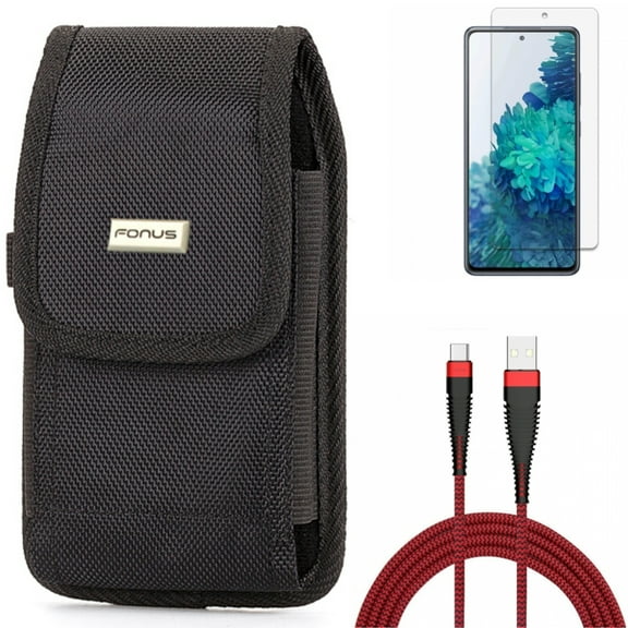 Screen Protector & Case Belt Clip & 10ft USB Cable for Samsung Galaxy S20 Fan Edition - Anti-Glare Tempered Glass   Rugged Holster   Type-C Charger Cord Combo
