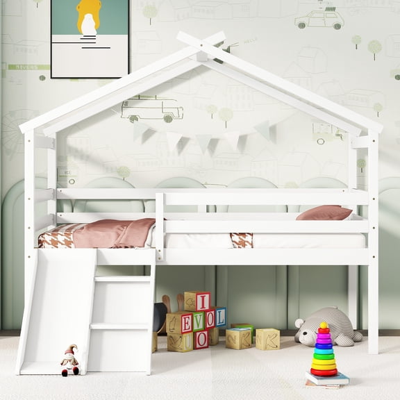 Leumius Twin Low Loft House Bed with Slide, Ladder, Safety Guardrails, House Roof Frame for Boys Girls White