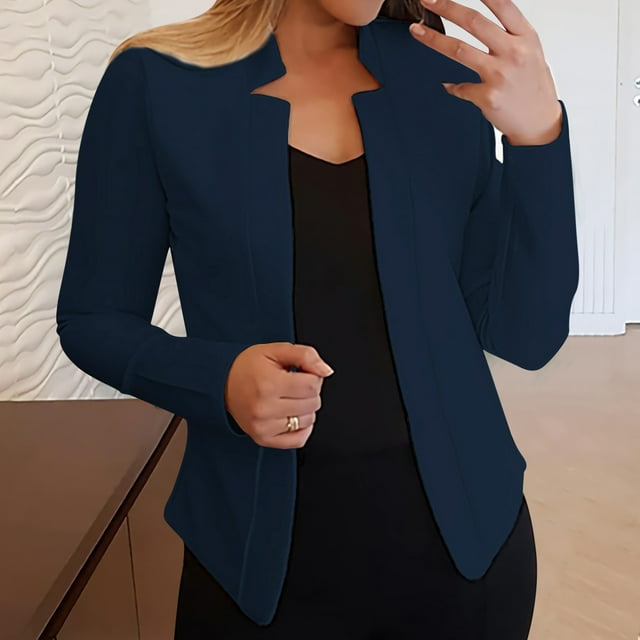 IMENGL Casual pocketed draped open front cardigan jacket work office suit, Blue L, Size M-2XL
