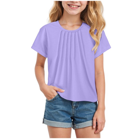 Povozer 2025 New Girls Solid Color T-Shirts Toddler Baby Girls Birthday Tees Kids Short Sleeve Summer Tops for 7-8 Years,Purple