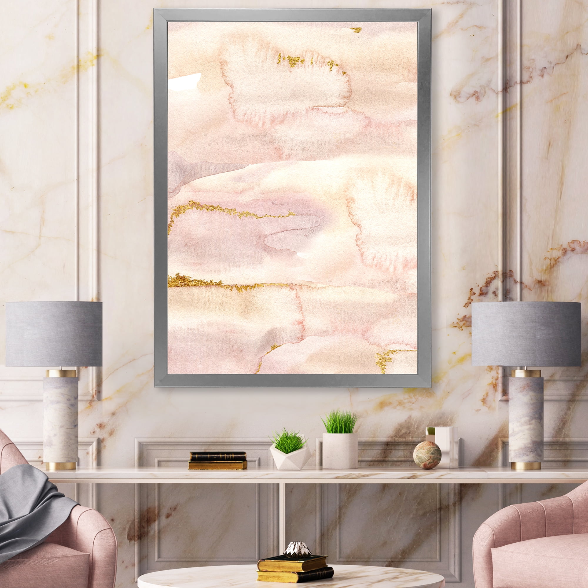 Designart 'Pastel Abstract With Beige Pink and Yelllow Spots' Modern Framed Art Print