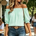 thumbnail image 5 of Ayolanni Short Sleeve T Shirts for Women Elastic V-Neck Ruffled Plaid Blouse Casual Puff Loose Off the Shoulder T-Shirt Womens Tees Green XL, 5 of 8
