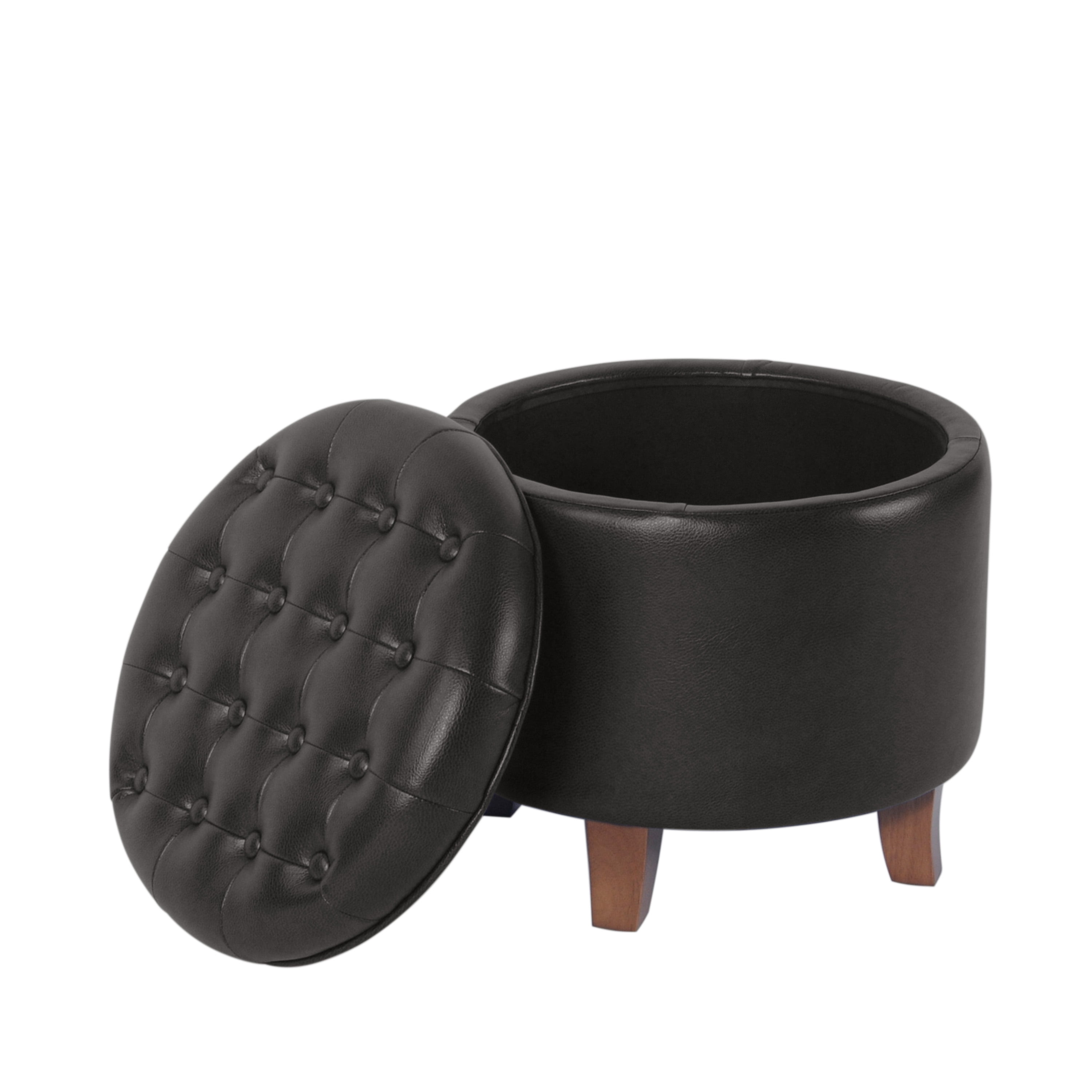 HomePop Small Round Button Tufted Storage Ottoman, Black Faux Leather