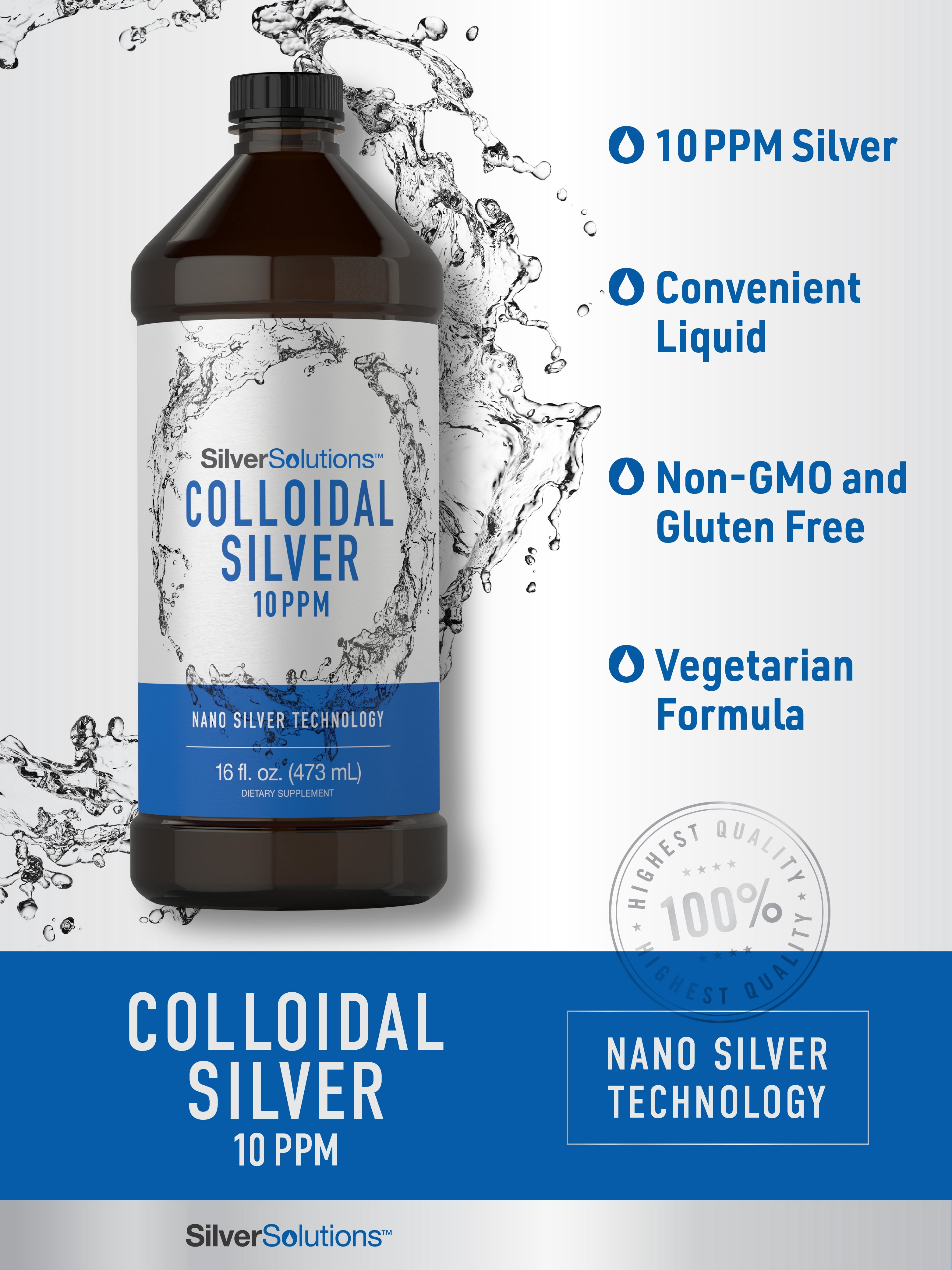 Colloidal Silver Liquid | 10 PPM | 16 fl. Oz (473 mL) | With Nano Silver Technology Solutions | by Carlyle