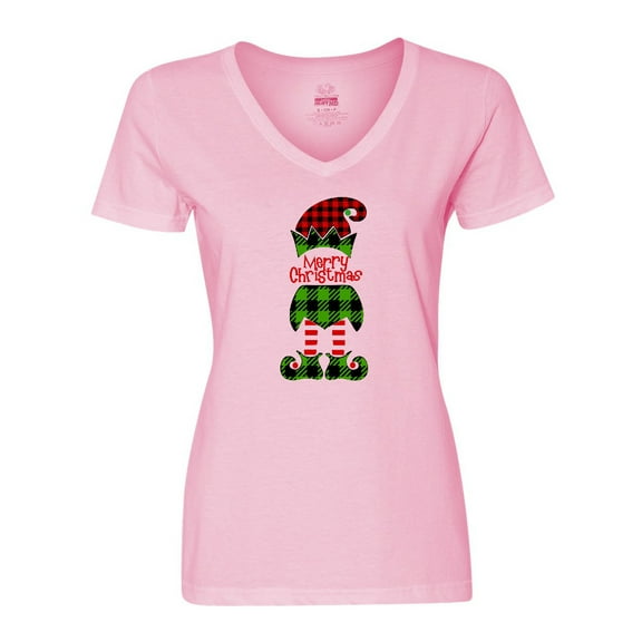 Inktastic Merry Christmas Elf in Red and Green Plaid Women's V-Neck T-Shirt