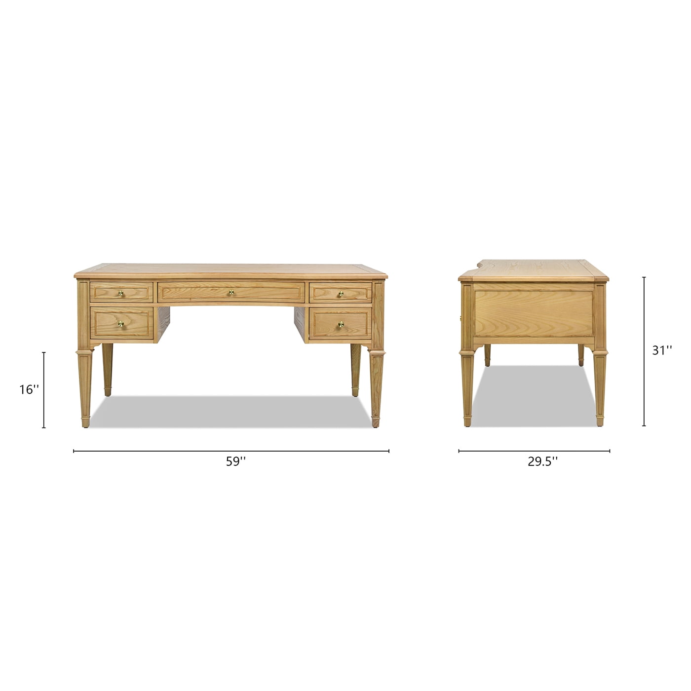 JTH LUXE Dauphin Gold Accent 5-Drawer Wood Executive Desk, Natural Brown Ash Wood & Veneer