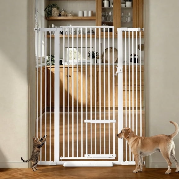 Cat Gate,Domipet 55"Extra Tall Pet Dog Gate with Cat Door, 29.5''-43''Wide Gate for Cats,Walk Through Indoor for Doorways,White