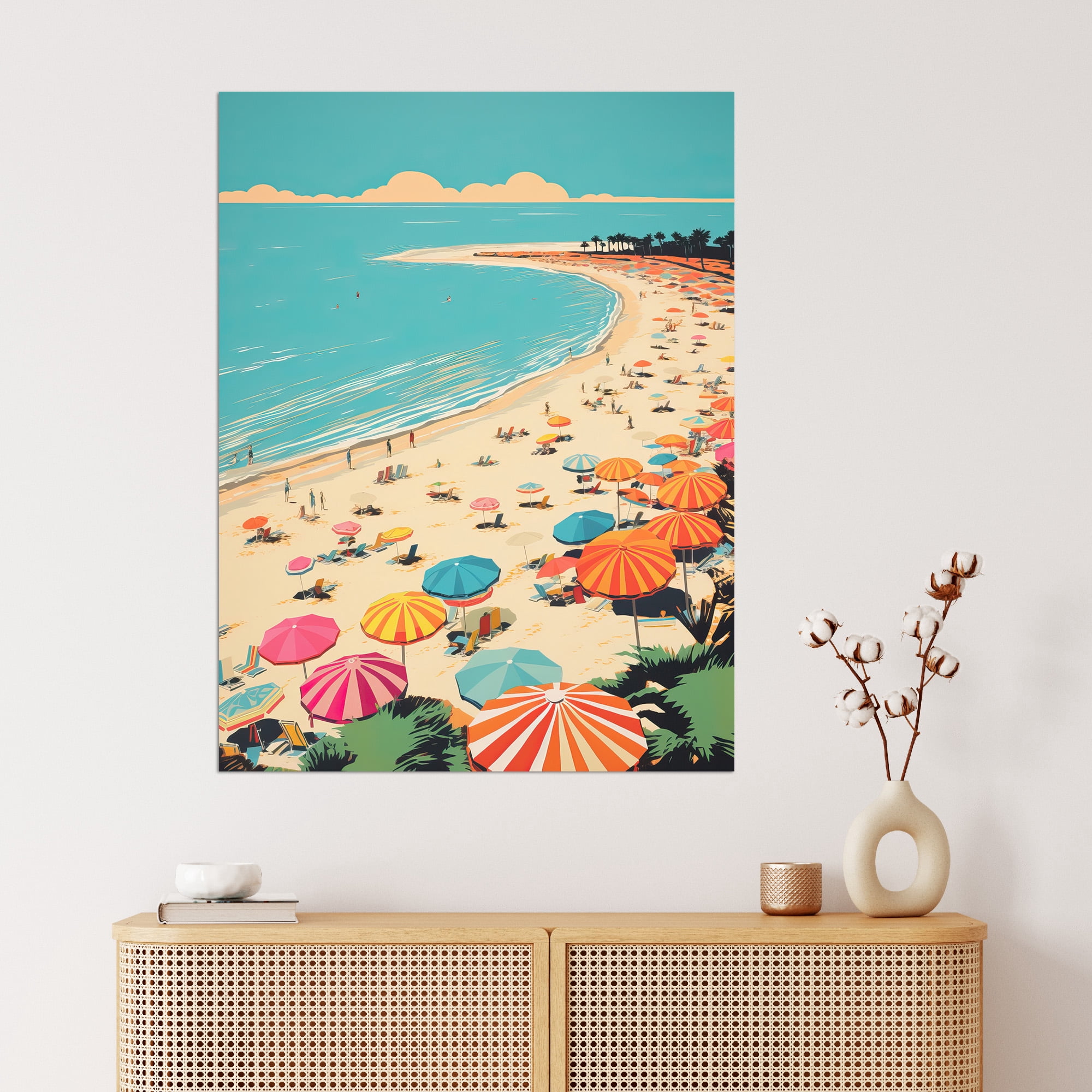 Sun Sand Sea Cove Busy Beach Coastal Landscape Aqua Orange Pink
