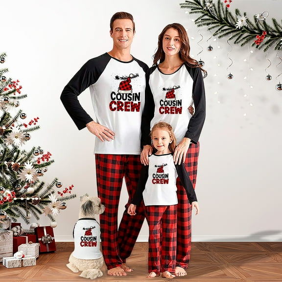 Cousin Crew Matching Christmas Pajamas, Red Plaid Pants with Black Sleeve Tops for Festive Family Fun, Size NB to 6XL