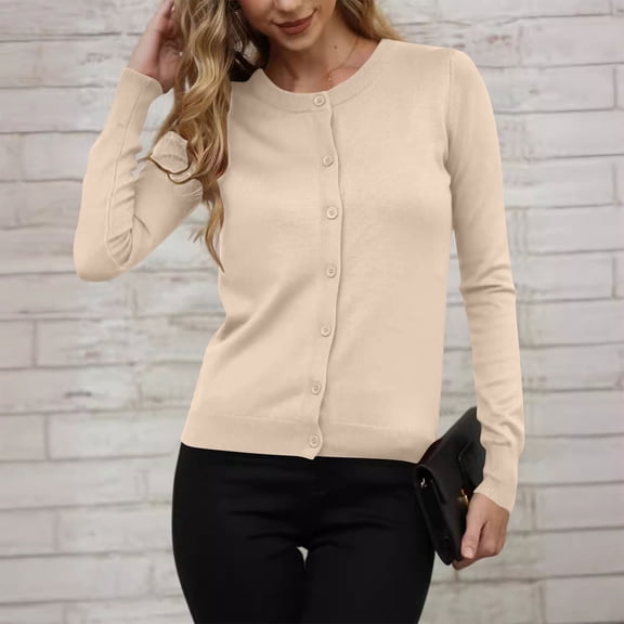 ClodeEU Women's Lightweight Crewneck Cardigan Sweater ,Classic Long Sleeve Button Down Knit Cardigan Beige,Womens Plus XL