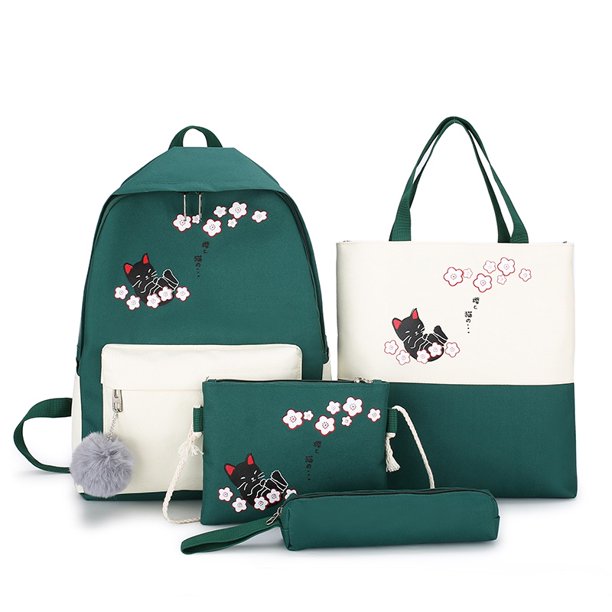 Set 4 Pzas Bolso Mano Hombro Mochila Escuela Mujer Bolsa Cosmético Dibujo Cato