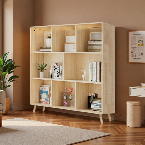 LUMAMIN 8-Compartment Storage Cabinet, Pine Wood 8 Cube Organizer Bookcase, Simple Storage Bins Container Bookshelf Open Shelf  for Living Room, Bedroom, Natural