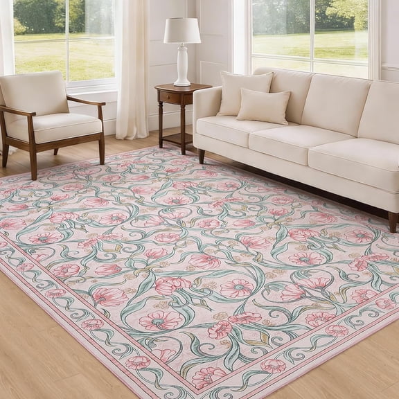 Area Rug 6x9, Floral Modern Washable Rugs, Non-Slip Low-Pile Soft Floor Carpet for Bedroom, Living Room, Dining Room, Pink