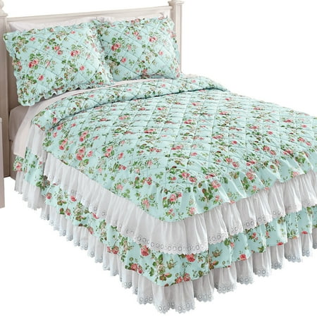Thick Quilted Bedspreads Floral Eyelet Lace Ruffled Bedspread with Four Tiers and Quilted Design - Seasonal Décor for Bedroom ()