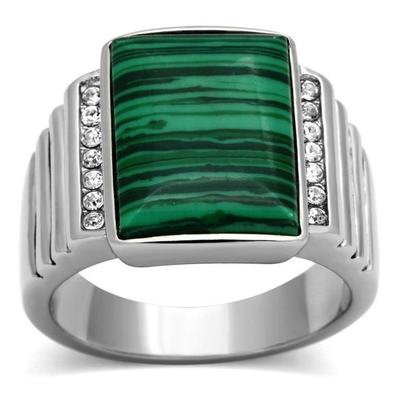 Mens Ring Green Stainless Steel Ring with Synthetic Malachite in Emerald