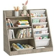 thumbnail image 3 of 4 Tier Kid Bookshelf Wooden 5 Sling Children Bookcase Toddler Montessori Bookcase Book Rack Display Toy Storage Organizer Book Display Shelf Stand Classroom Bedroom Nursery Playroom (Grey Wood), 3 of 18